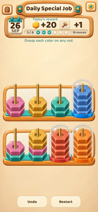 The Daily Special Job: colored nuts stacked on wooden rods, three colors already grouped under glass domes, with today’s reward at the top