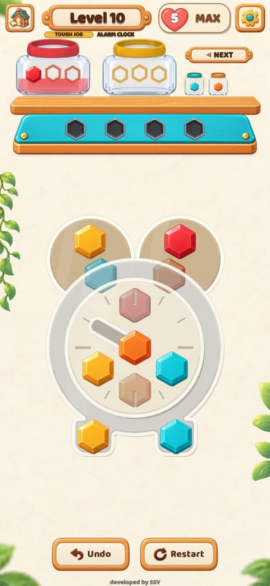 Level 10, a tough job shaped like an alarm clock: colored bolts on the clock’s glass face and bells, with two open jars and the workbench above and Undo and Restart below