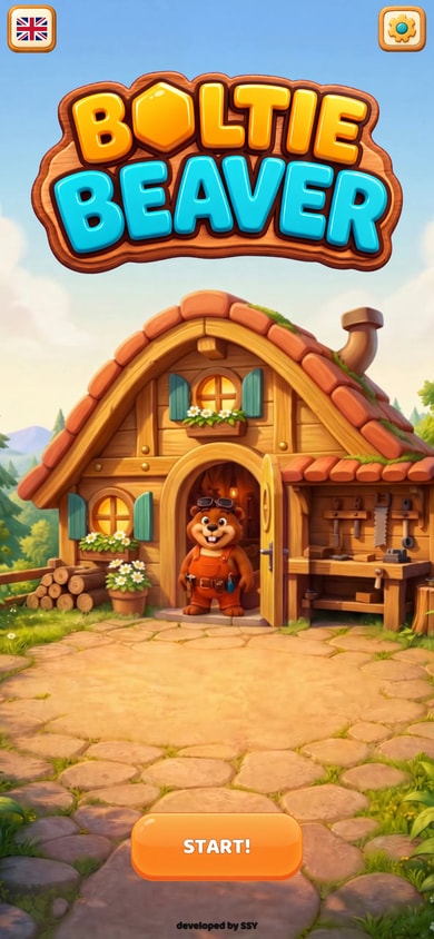 Boltie standing in the doorway of his wooden workshop, beneath the Boltie Beaver logo