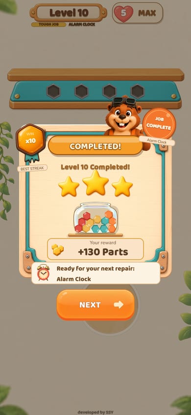 Level 10 Completed: three stars, a jar full of bolts and a reward of 130 Parts, with a Job Complete stamp for the Alarm Clock