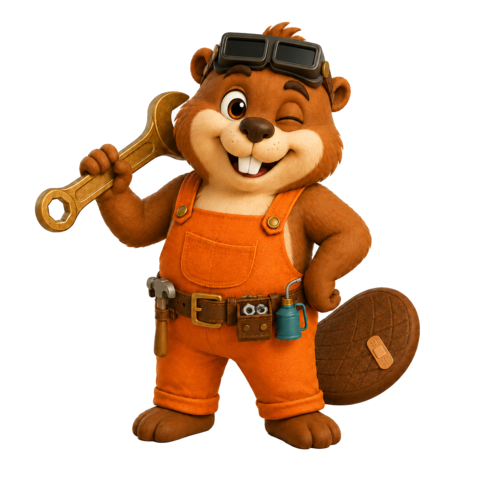 Boltie the beaver winking, wrench over his shoulder
