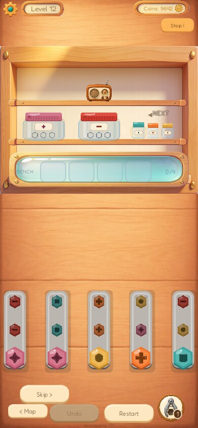 Real gameplay: sorting candy-colored bolts into matching jars on a wooden workbench